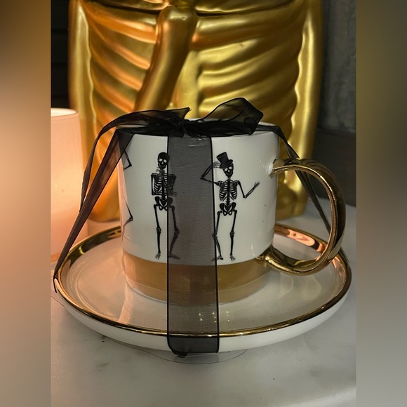 ELEGANCE Skeletons Cup And Saucer Set Black And White W/Gold Trim 🖤💛💀💛🖤 - Picture 7 of 7